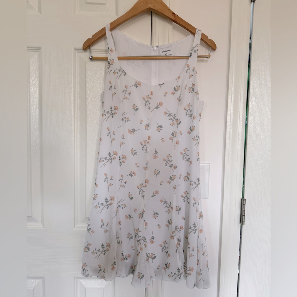 Aritzia Sunday Best White Scoop Neck Mini Sundress with Floral Pattern